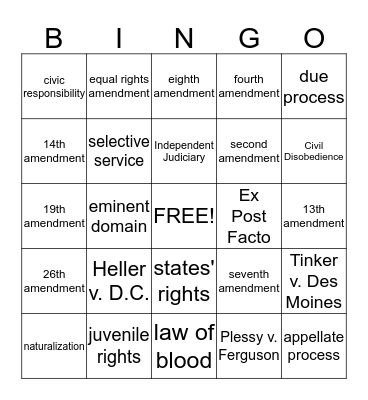 Roles, Rights, and Responsibilites of Citizens Bingo Card