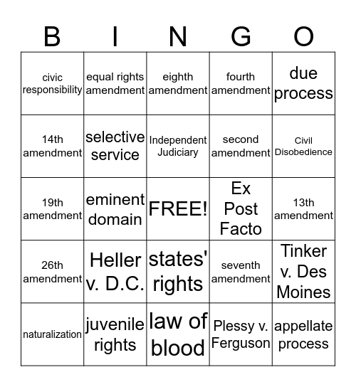 Roles, Rights, and Responsibilites of Citizens Bingo Card