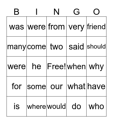 Sight words Bingo Card