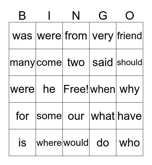 Sight words Bingo Card