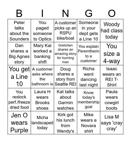 Thursday REI Bingo Card