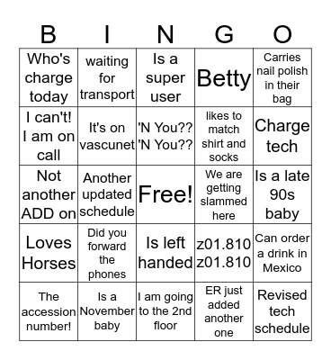 Vascular Lab Bingo Card