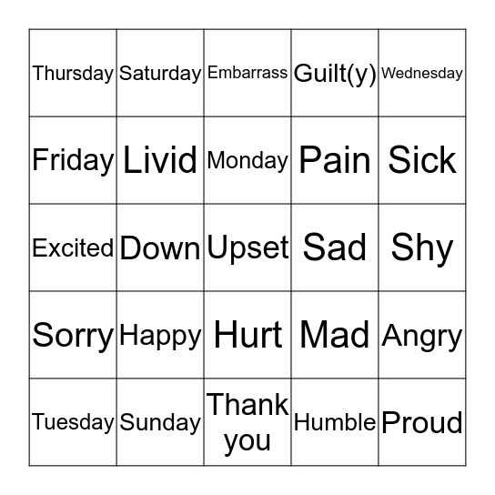 Days of the Week and Feeling Sign Vocabulary Bingo Card