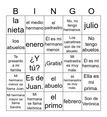 U1E3 Te presento a mi familia Spanish 1 Bingo Card