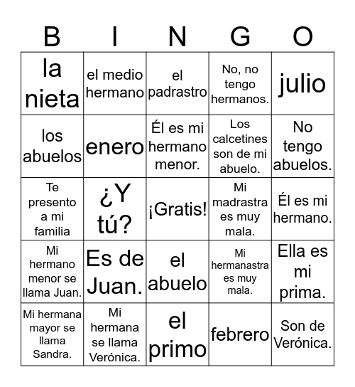 U1E3 Te presento a mi familia Spanish 1 Bingo Card