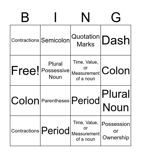 Apostrophes/Punctuation  Bingo Card