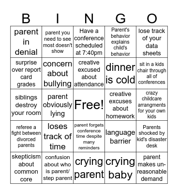 Parent Teacher Conference Bingo Card