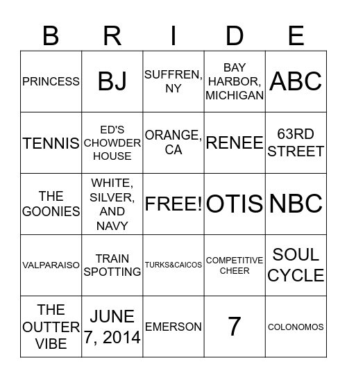 Ginger Zee Bridal Bingo Card