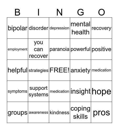 Mental Health Bingo Card