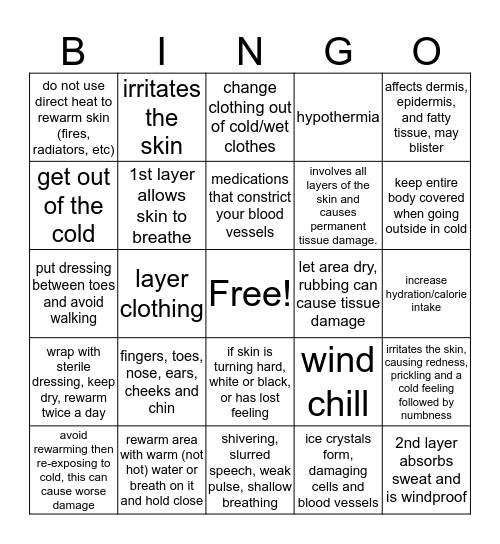 Frostbite Bingo Card