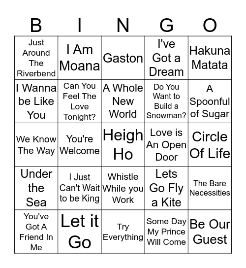 Disney Music Bingo! Bingo Card