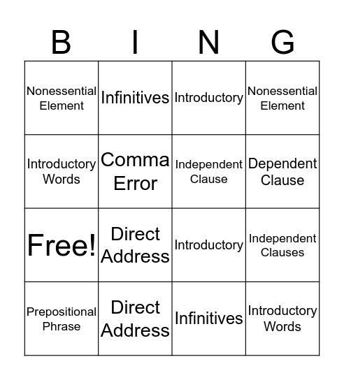 Commas Bingo Card