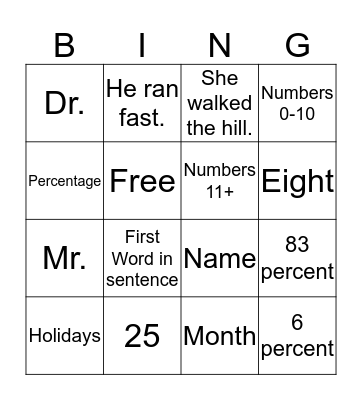 Capitalization and Number Use Bingo Card