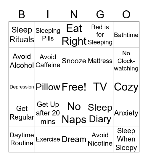 Sleep Hygiene Bingo Card
