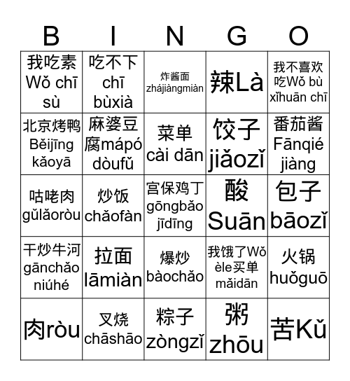 Zhōngcān 中餐 Bingo Card