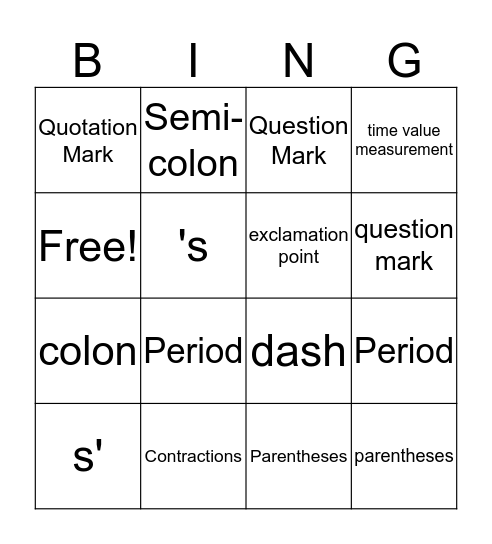 Apostrophe & Punctuation Bingo Card