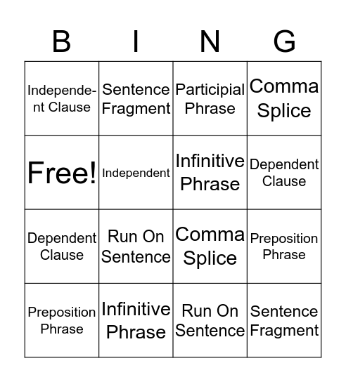 Sentence Structure Bingo Card