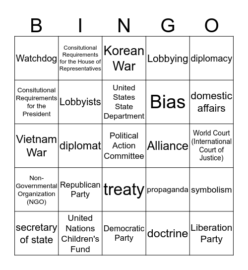 Government Policies and Political Processes Bingo Card
