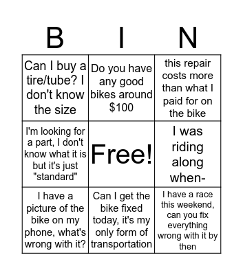 Bike Shop Bingo Card