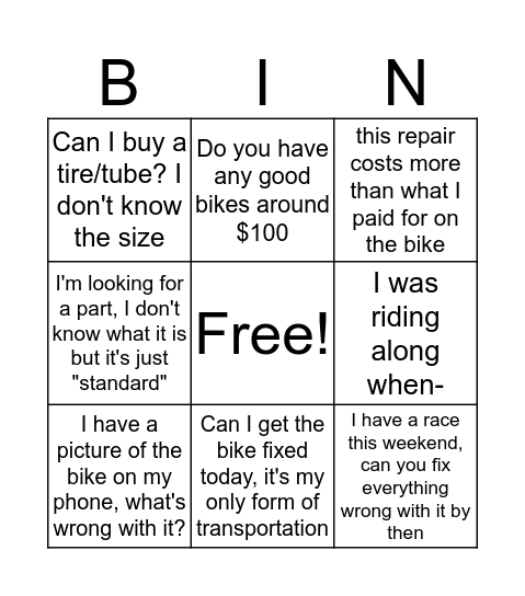 Bike Shop Bingo Card