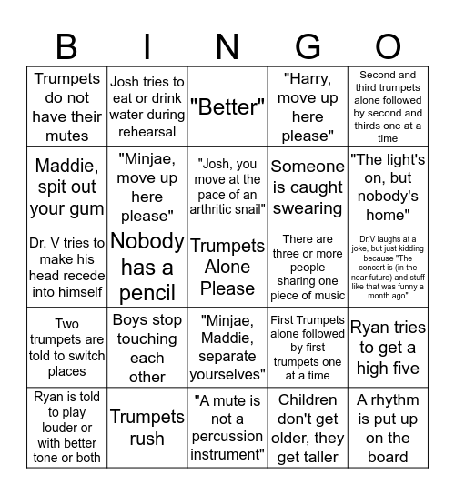 Dr. V vs Trumpet Bingo (Concert 2 Edition) Bingo Card