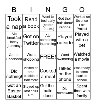 Spring Break Updates Bingo Card