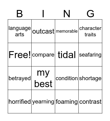 Week 5 Vocabulary Bingo Card