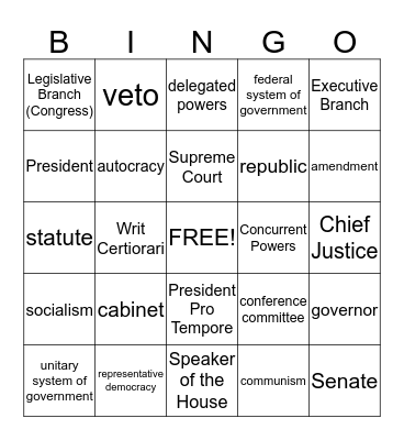Organization and Function of Government Bingo Card
