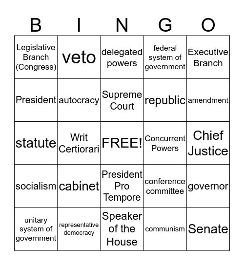 Organization and Function of Government Bingo Card