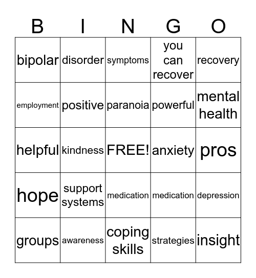 Mental Health Bingo Card