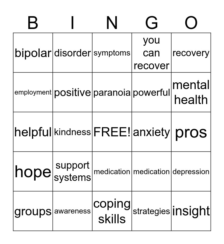 Mental Health Bingo Card