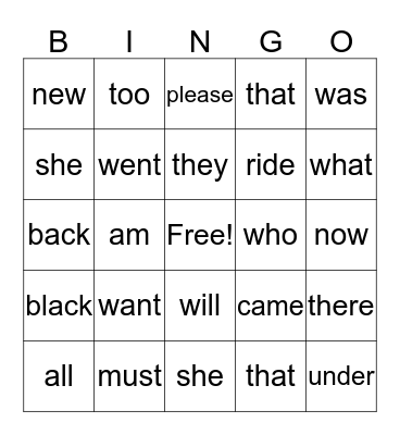 Sight words bingo Card