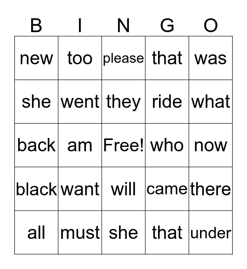 Sight words bingo Card