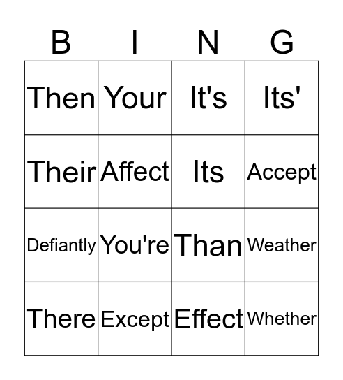 Word Choice Bingo Card