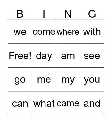 Sight Words Bingo Card