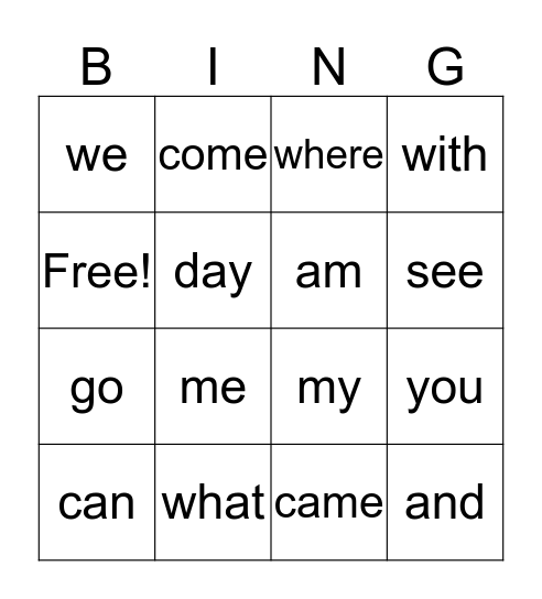 Sight Words Bingo Card