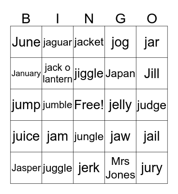 J words Bingo Card