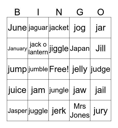 J words Bingo Card