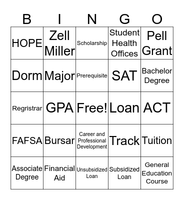 College Bingo Card