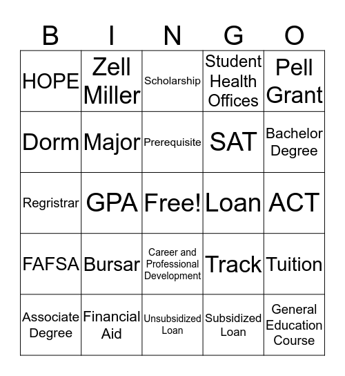 College Bingo Card