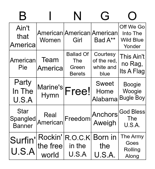 U.S.A Bingo Card