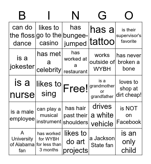 WYBH employee trivia Bingo Card
