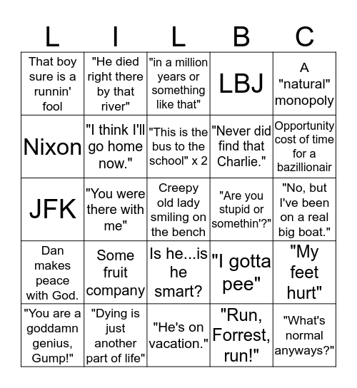 Forrest Gump Bingo Card