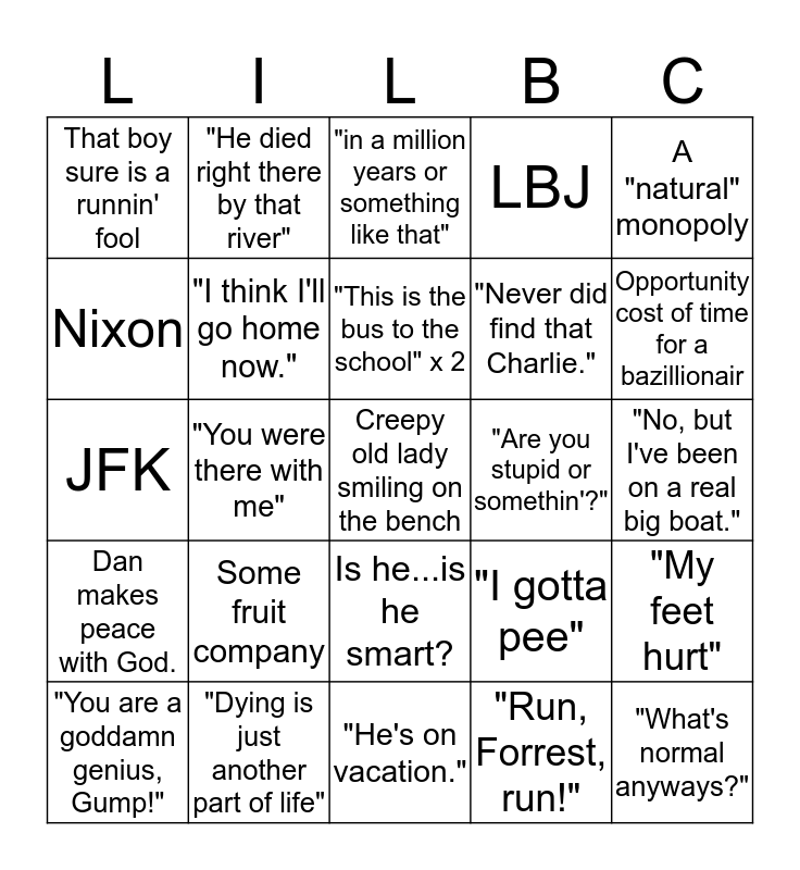 Forrest Gump Bingo Card