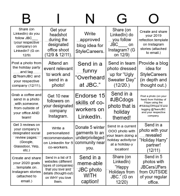 JBC Social Bingo: HOLIDAY EDITION Bingo Card