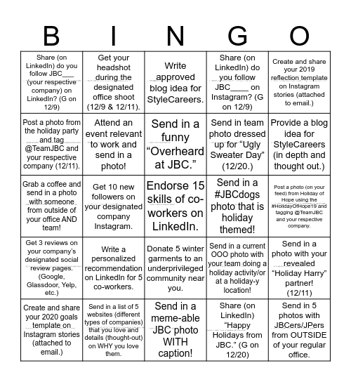 JBC Social Bingo: HOLIDAY EDITION Bingo Card