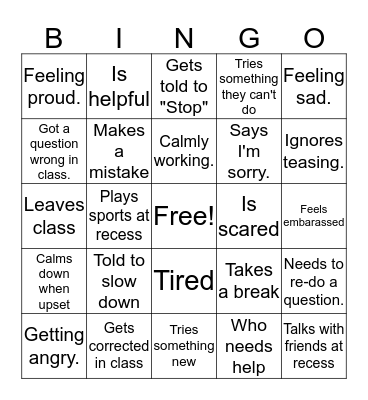 School Bingo Card
