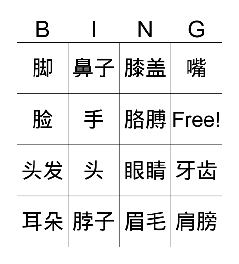 身体部位 Bingo Card