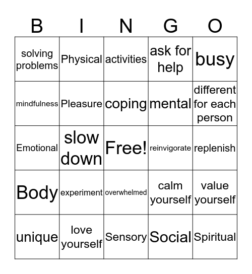 Self Care Self Gratitude Bingo Card