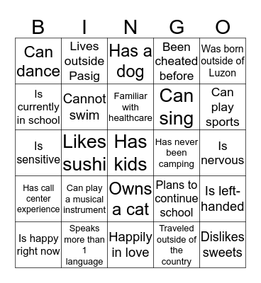 Getting to Know Me Bingo Card